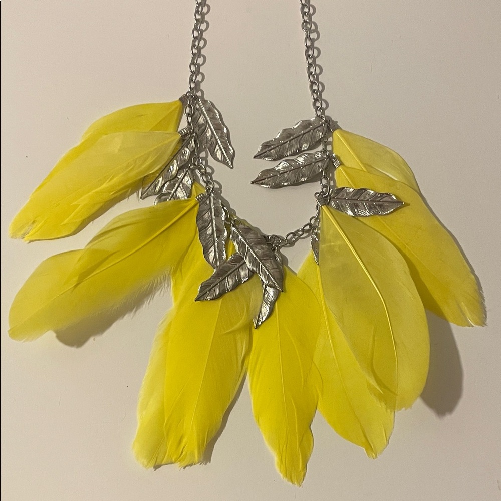 Yellow Feather and Silver Leaf Necklace